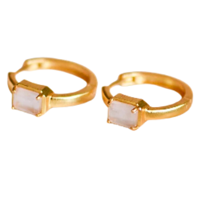 A pair of gold-toned huggie rings with square-shaped Mother of Pearl stones, shown on a plain white background.