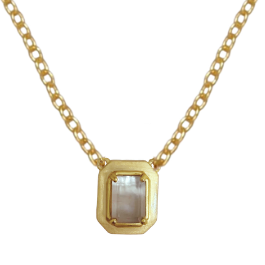 A gold chain necklace with a rectangular gold pendant featuring a smooth, iridescent mother-of-pearl inlay, displayed on a clean white background.