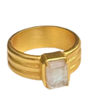 A gold band ring featuring a rectangular Mother of Pearl stone in a bezel setting, shown against a plain white background.