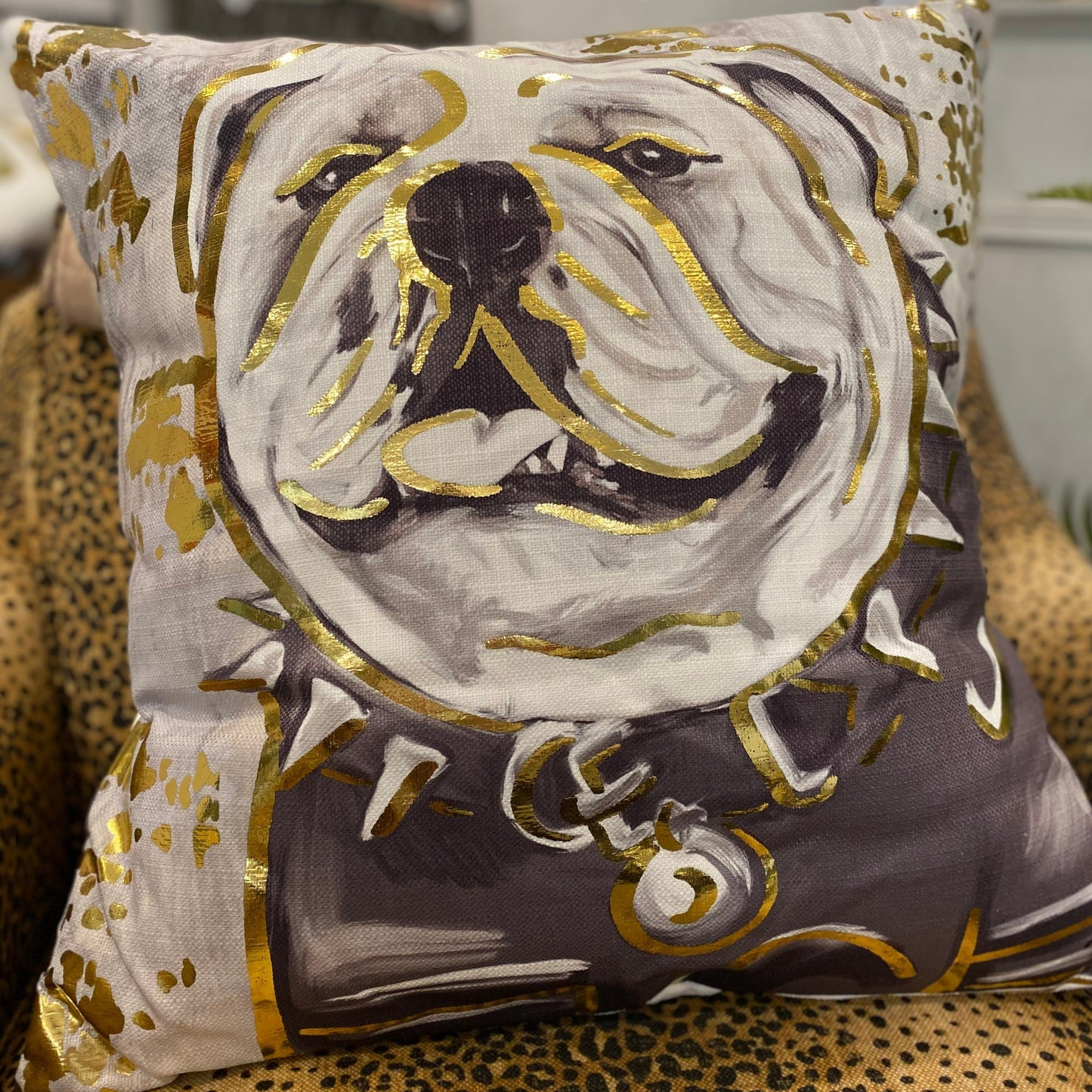 Bulldog Pillow with Gold Foil Accents