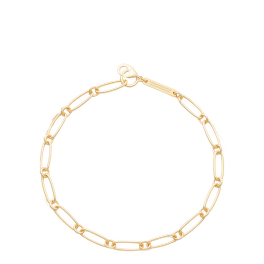 A delicate gold paperclip chain bracelet with a lobster clasp, displayed on a clean white background.