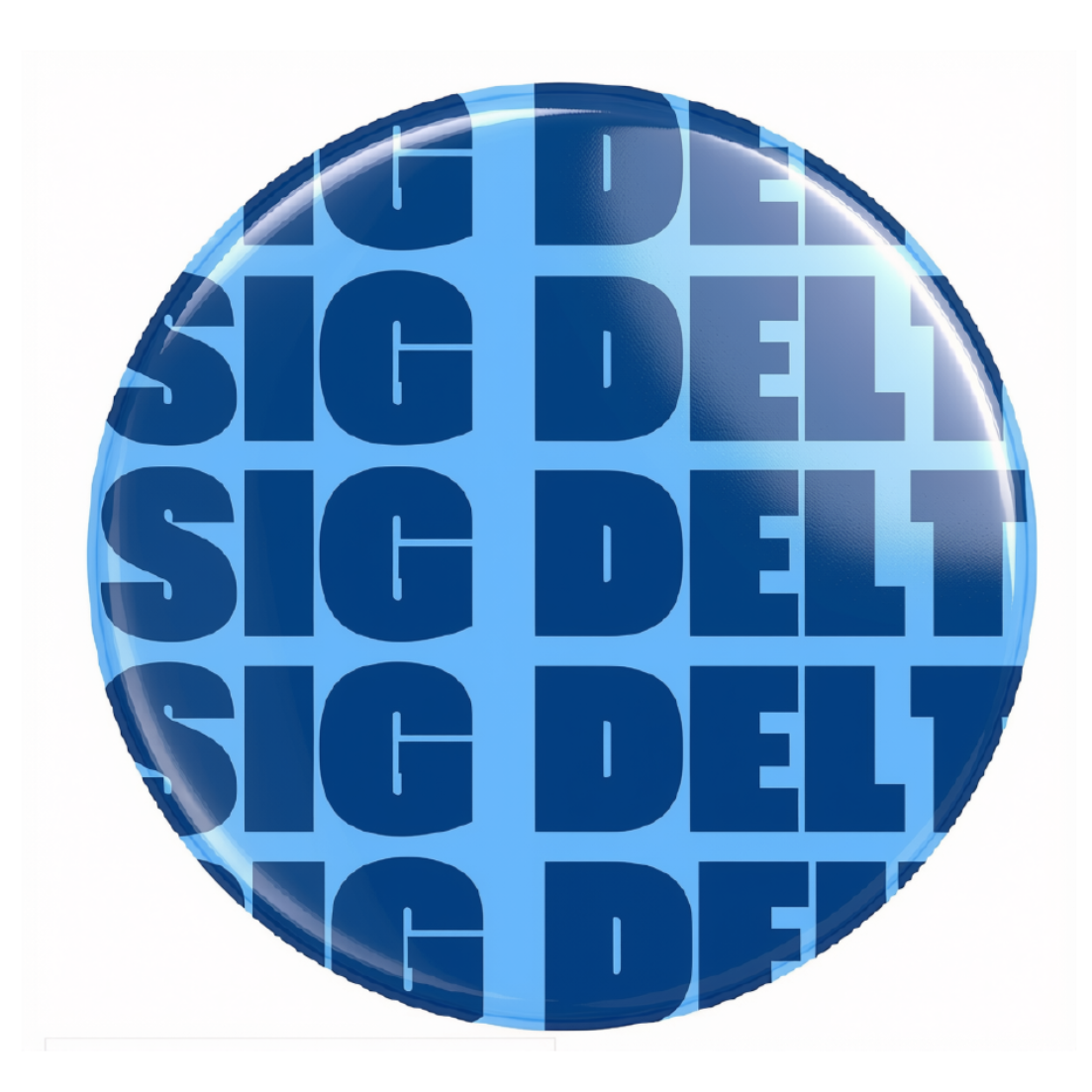 A round acryic coaster featuring a repeating pattern of the text 'SIG DELTA' in dark blue on a light blue background, with a glossy finish.