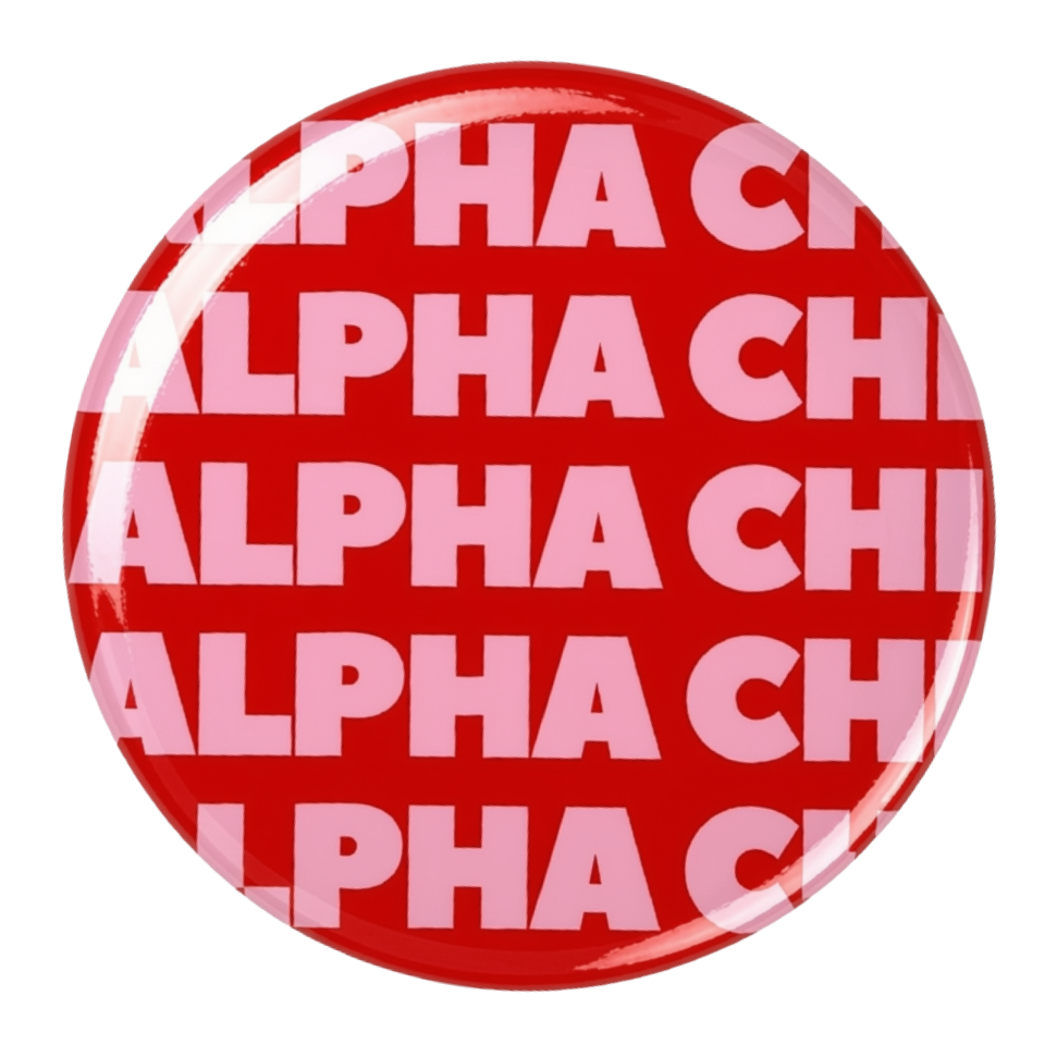 A round acrylic coaster featuring the text 'ALPHA CHI' repeated in light pink across the surface, shown on a plain white background.