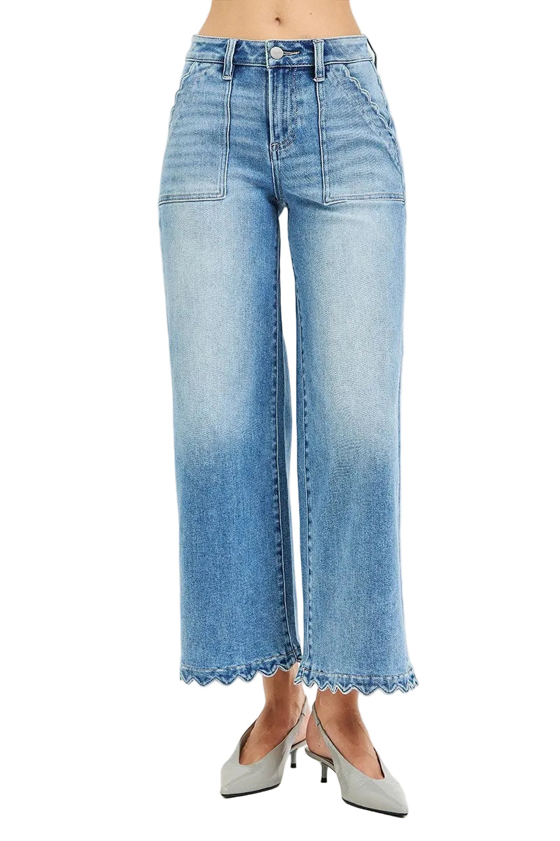 Risen High Rise, Crop, Scalloped, Wide Leg Jeans