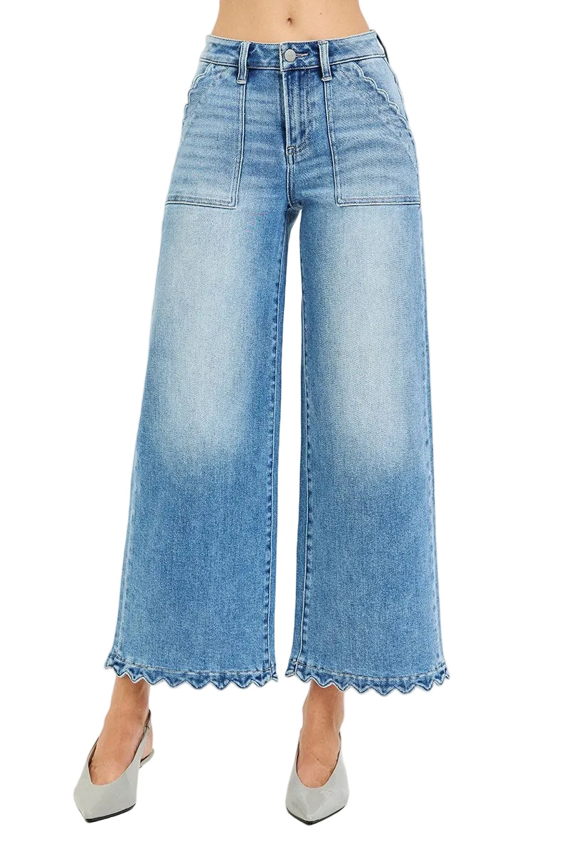 Risen High Rise, Crop, Scalloped, Wide Leg Jeans