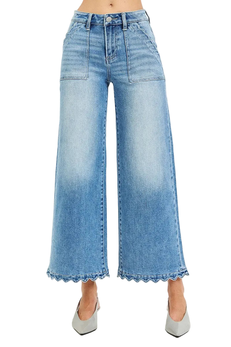 Risen High Rise, Crop, Scalloped, Wide Leg Jeans