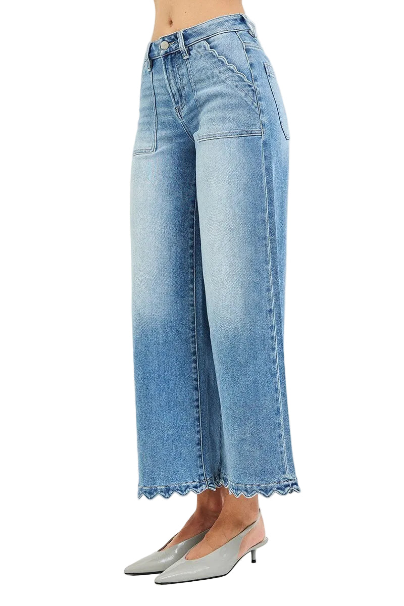 Risen High Rise, Crop, Scalloped, Wide Leg Jeans