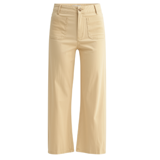 A pair of cropped, straight-leg pants in a light beige or khaki color, shown flat against a solid white background.