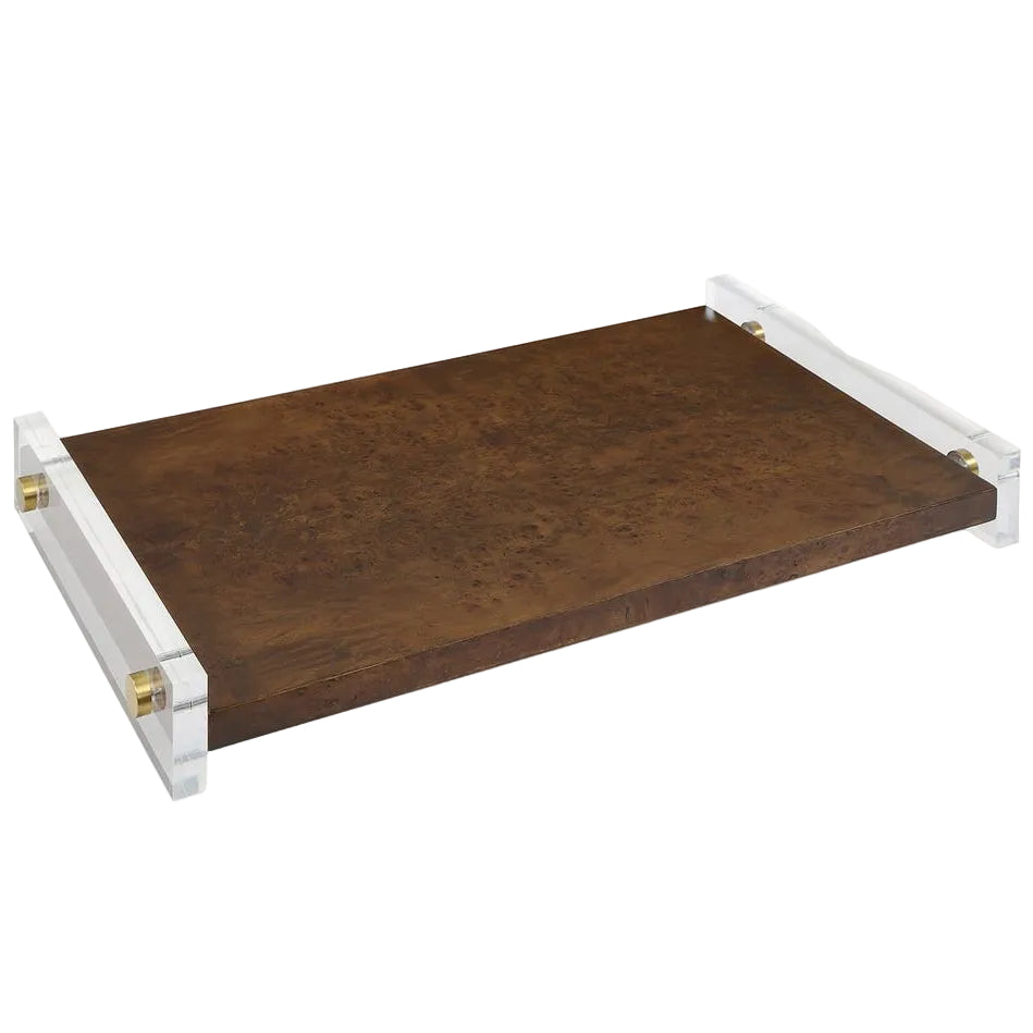 Rectangular burl wood tray with clear acrylic sides on a white background