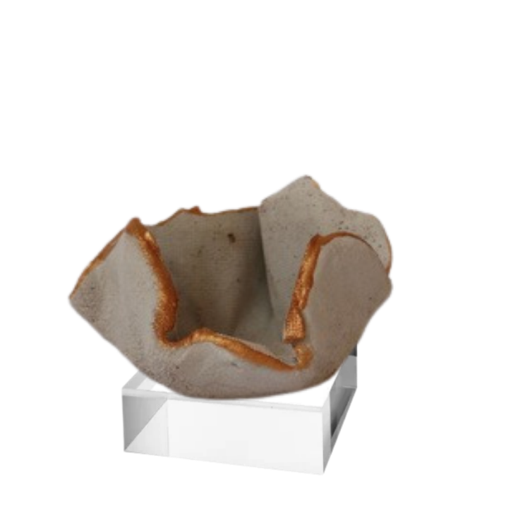 A small beige ceramic cup or bowl with a rustic, rough-hewn interior edge, displayed on a clear acrylic stand against a solid white background.