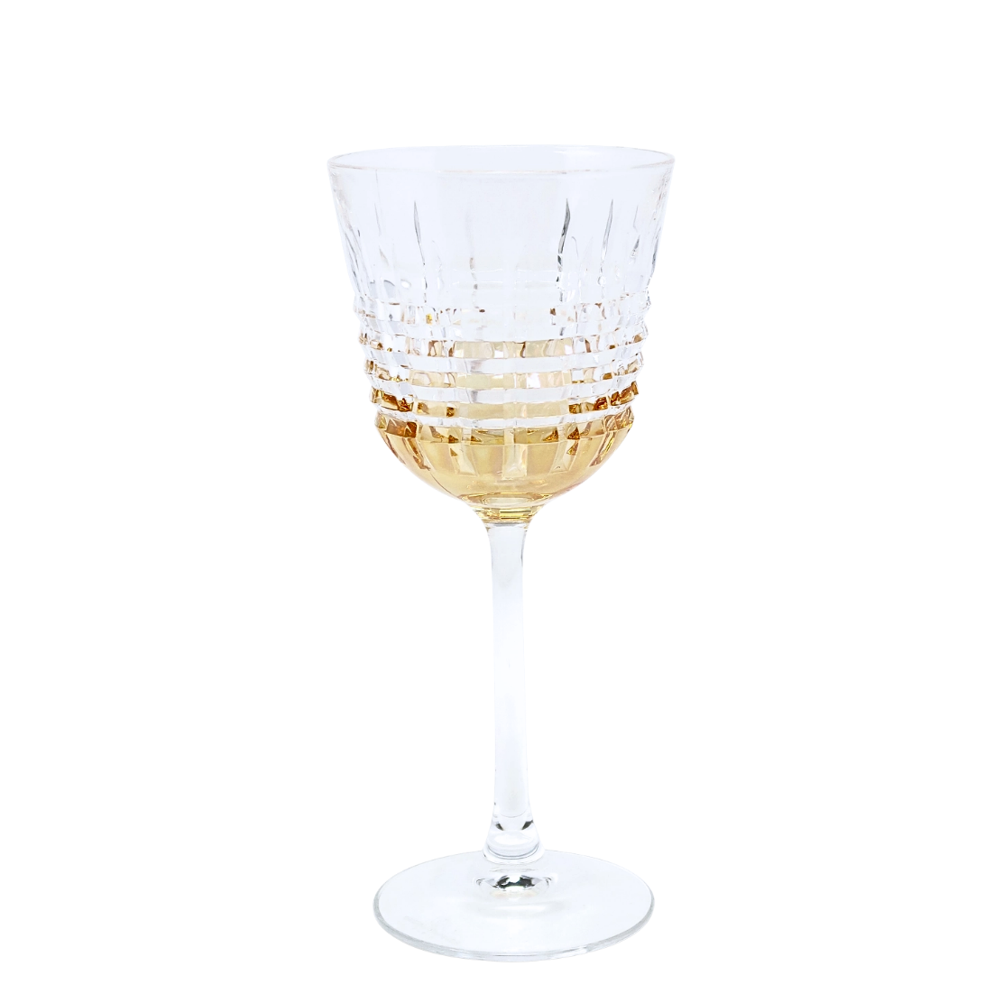 A clear cut-glass wine glass with a gold patterned band around the lower half, shown on a plain white background.