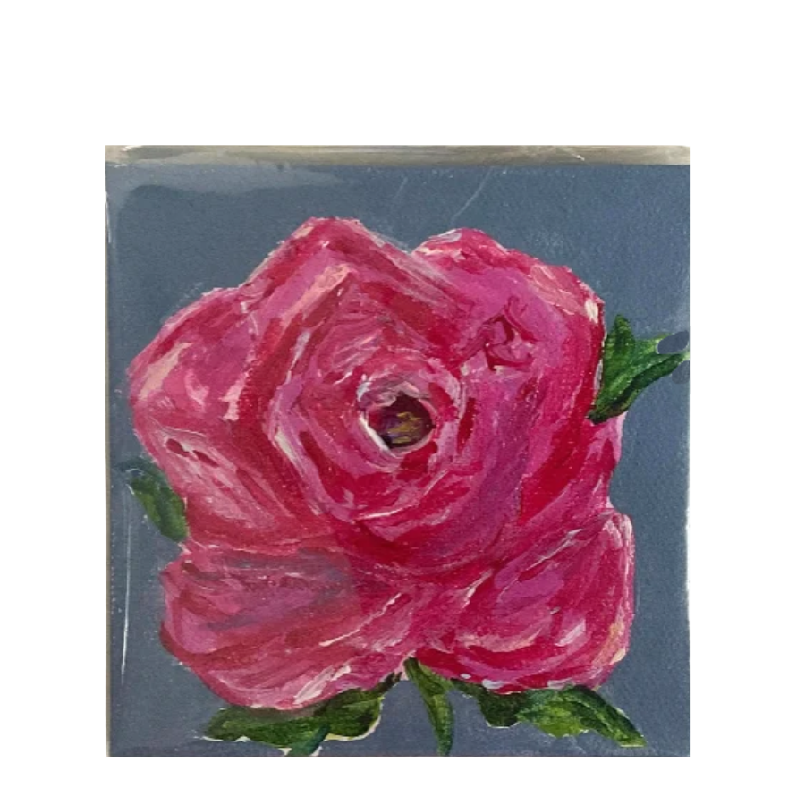 A square canvas painting featuring a vibrant pink rose with green leaves on a muted slate blue-gray background, shown against a plain white backdrop.