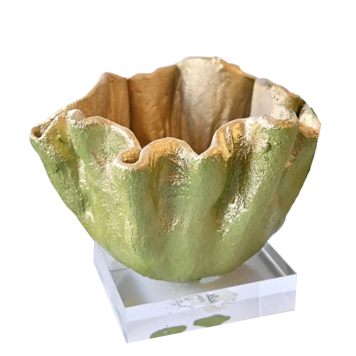 A sculptural, organic-shaped bowl with a textured, ruffled exterior in a metallic olive green and gold finish, displayed on a clear acrylic stand against a plain white background.
