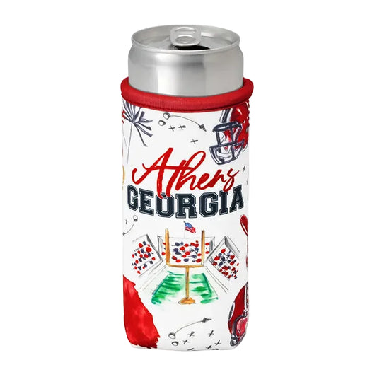A silver aluminum can inside a white can cooler sleeve featuring red and navy 'Athens Georgia' text and football-themed graphics, shown on a white background.