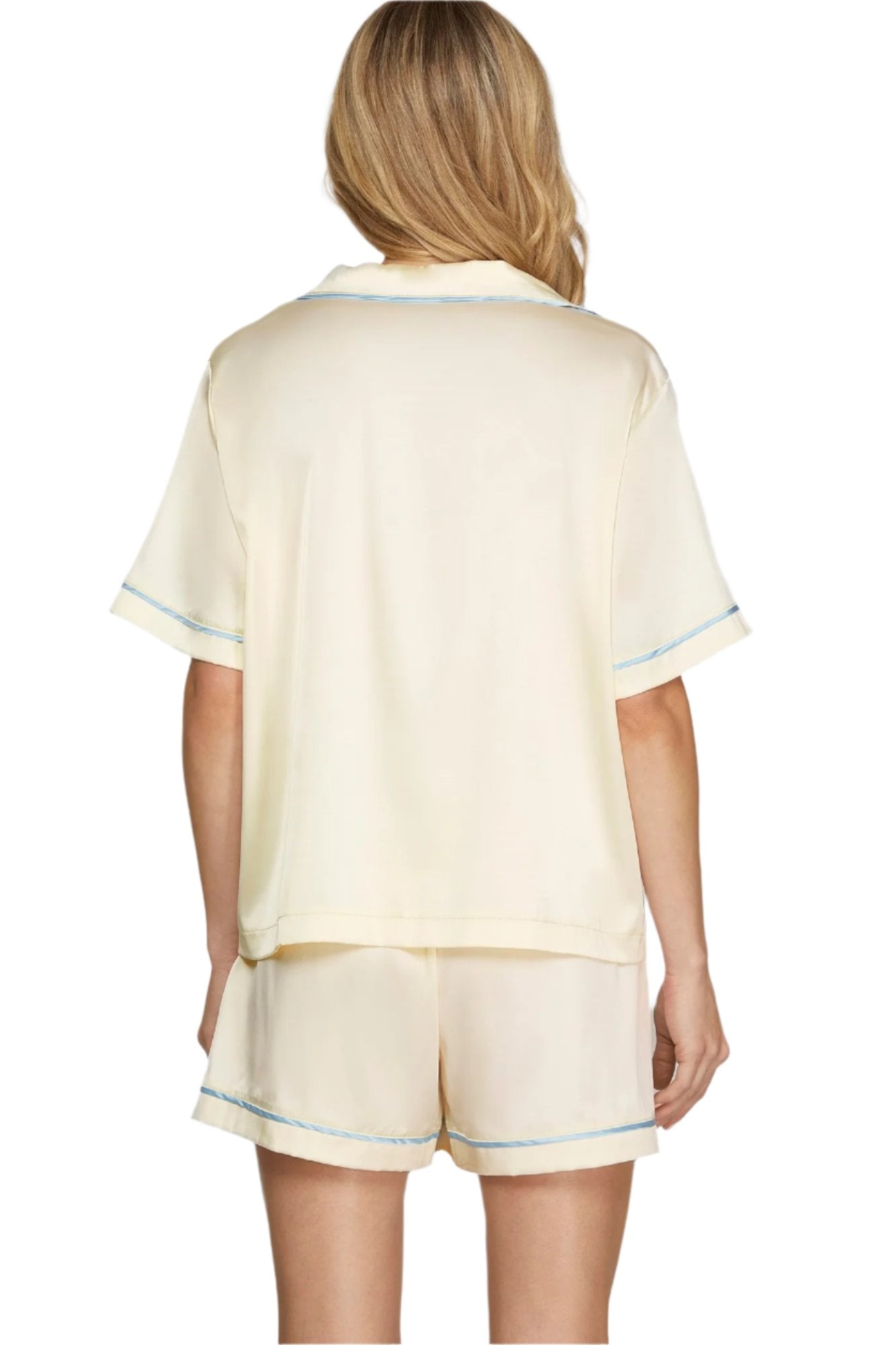 Ivory Satin PJ Set with Blue Bows