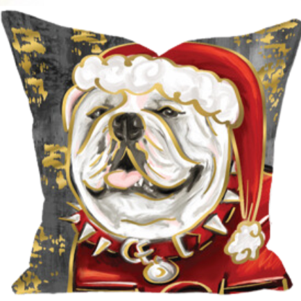 Bulldog Santa Paws Red + Black Gold Foil Pillow
