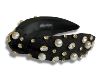 Black Twill Headband with Large Pearls and Crystals