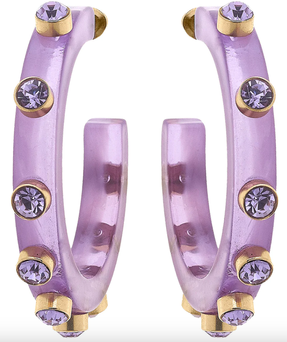 Purple Resin and Rhinestone Hoop Earrings
