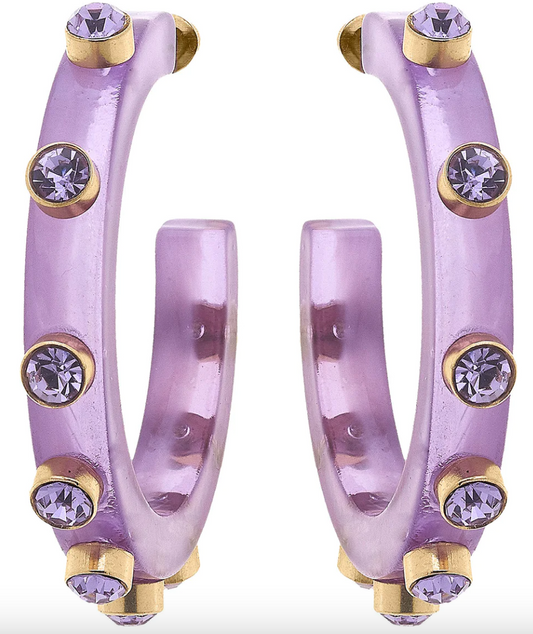 Purple Resin and Rhinestone Hoop Earrings