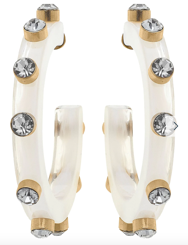 White Resin and Rhinestone Hoop Earrings