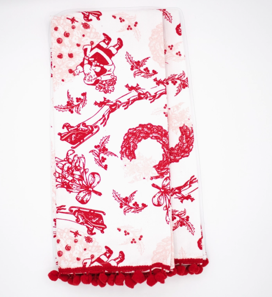 Santa Toile Pompom Kitchen Towel Set