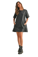 Load image into Gallery viewer, Black Pleather Short Sleeve Flare Bottom Dress
