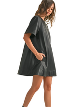 Load image into Gallery viewer, Black Pleather Short Sleeve Flare Bottom Dress
