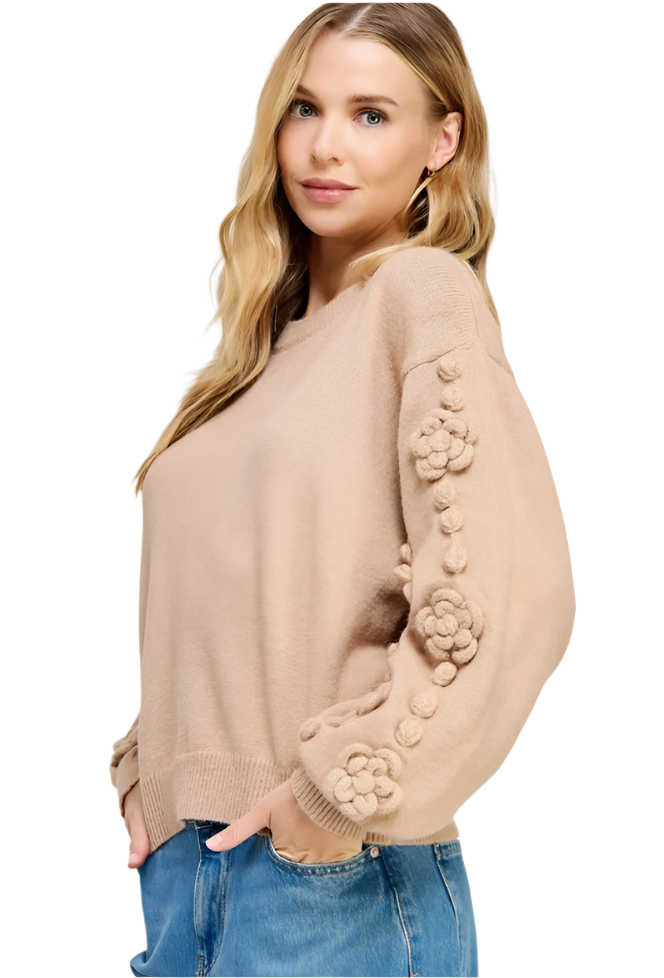 Oatmeal Flower Corsage Knitted Sweater