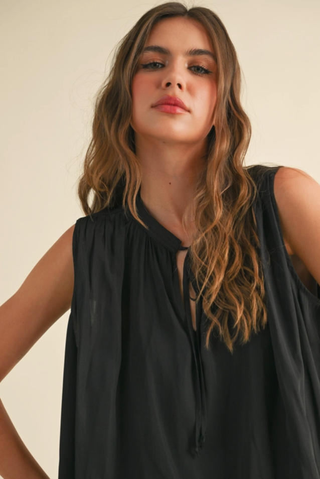 Black Sleeveless Tie Front Blouse