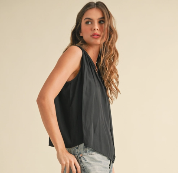Black Sleeveless Tie Front Blouse