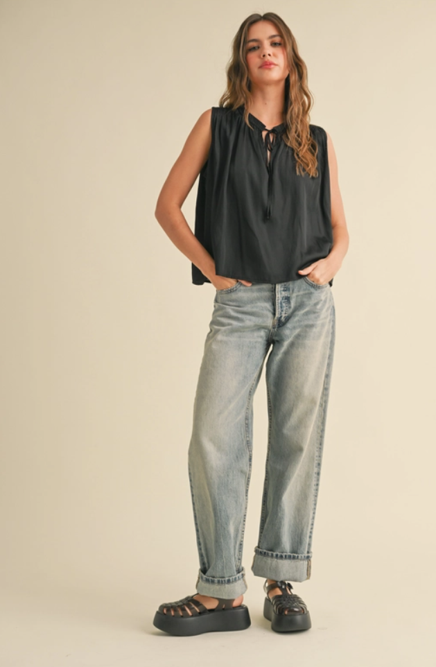 Black Sleeveless Tie Front Blouse