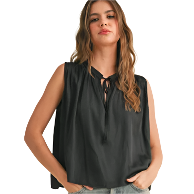 Black Sleeveless Tie Front Blouse