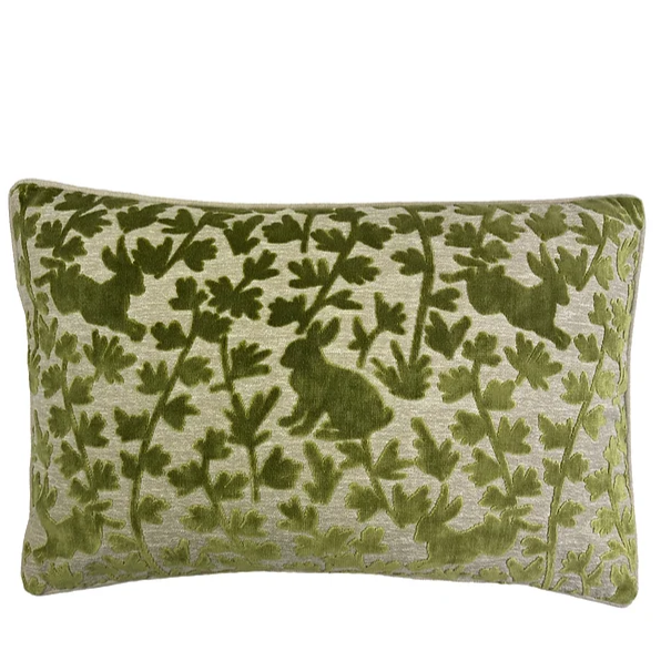 Green Velvet Bunny + Palm Lumbar Pillow