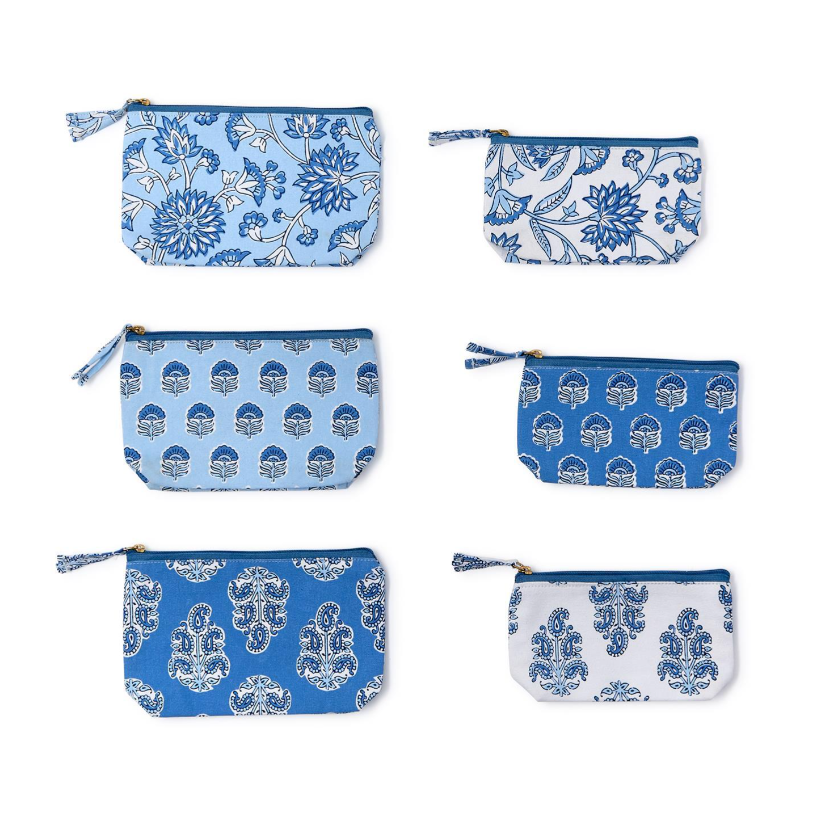 Blue Block Print Set of 2 Pouches