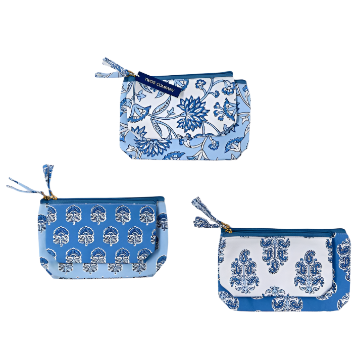 Blue Block Print Set of 2 Pouches