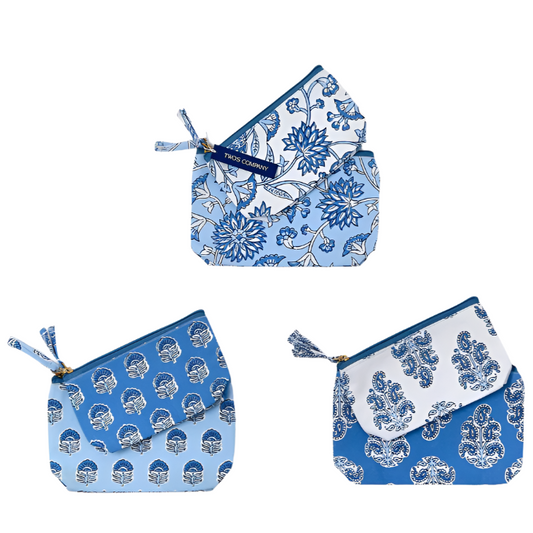 Blue Block Print Set of 2 Pouches