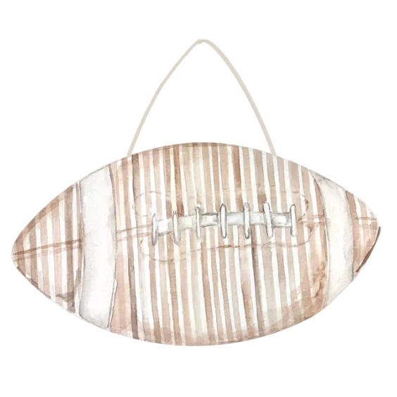 Watercolor-style football wall hanging with a white hanging string, featuring vertical tan and beige stripes with white laces on a white background.