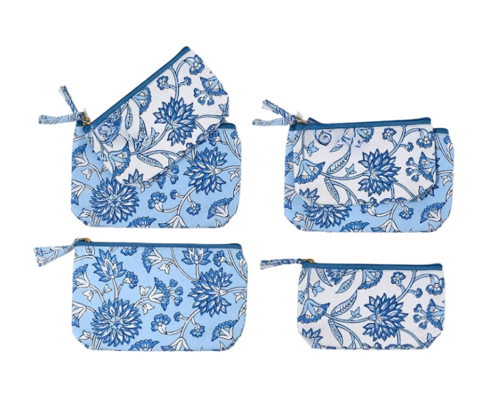 Blue Block Print Set of 2 Pouches