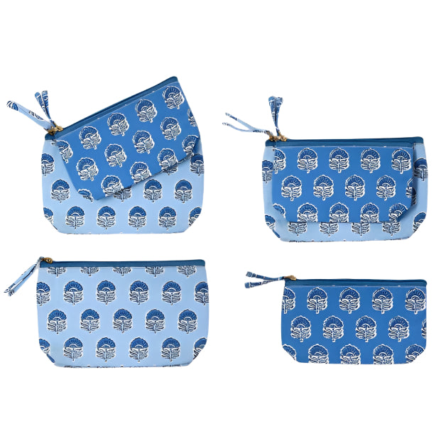 Blue Block Print Set of 2 Pouches