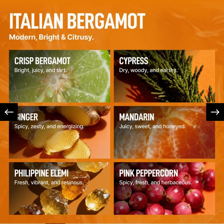An orange graphic card detailing the scent profile of Italian Bergamot, featuring five square panels with images and descriptions of its notes: crisp bergamot, cypress, ginger, mandarin, and pink peppercorn.
