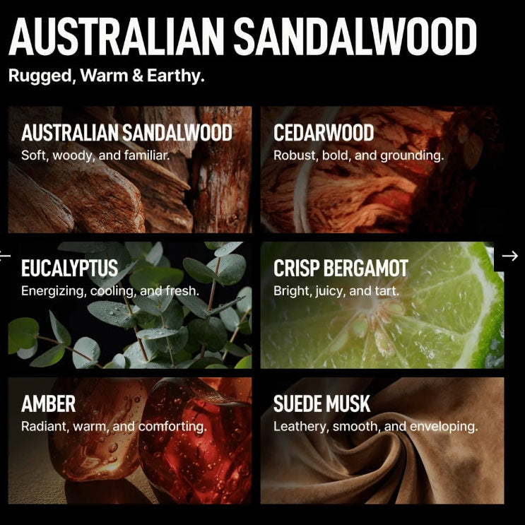 A six-panel graphic titled 'AUSTRALIAN SANDALWOOD' showing different scent profiles: Australian Sandalwood, Cedarwood, Eucalyptus, Crisp Bergamot, Amber, and Suede Musk, each with a wood or botanical photo and descriptive text on a black background.