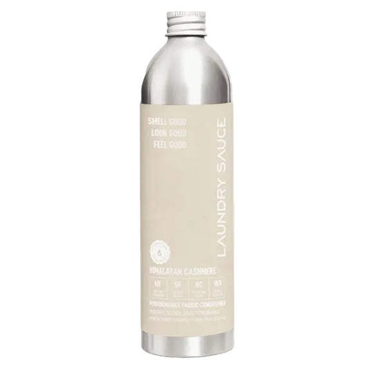 A silver aluminum bottle of Himalayan Cashmere Laundry Sauce, a hypoallergenic performance fabric conditioner, centered on a light gray background with a black 'HYPOALLERGGENIC' label in the top-left corner.