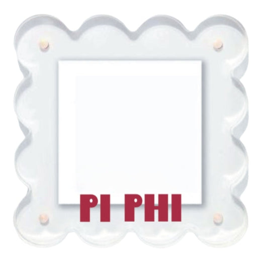 White frame with scalloped edges and 'PI PHI' text in red on a white background