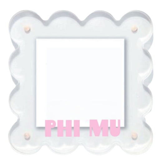 Decorative frame with 'PHI MU' text on a white background