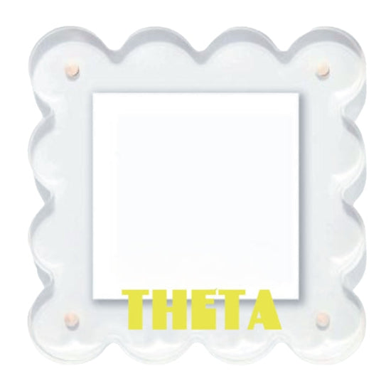Clear frame with scalloped edges and 'THETA' text on a white background