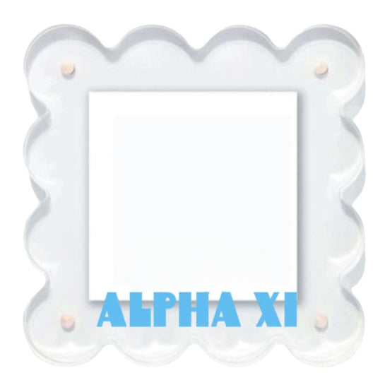 Clear plastic frame with 'Alpha Xi' text on a white background