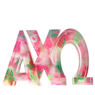 Colorful 'Alpha Chi Omega' letters on a white background