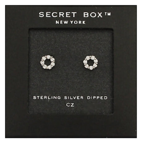 A pair of sterling silver dipped stud earrings with a circular halo design, presented on a black velvet display card inside a black Secret Box New York packaging box.