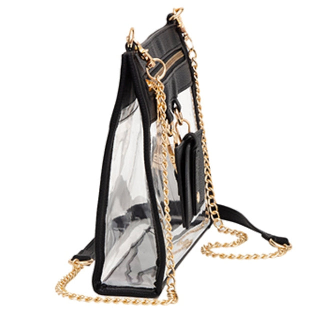 A clear plastic shoulder bag with a black leather trim, a gold chain strap, and a black interior, shown on a white background with product options above.