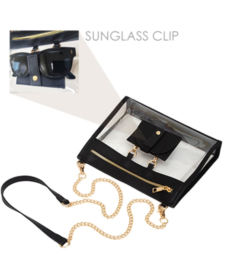 A black transparent pouch sunglasses clip bag with a gold chain strap and gold zipper, shown on a white background with an inset demonstrating its use as a sunglasses clip.